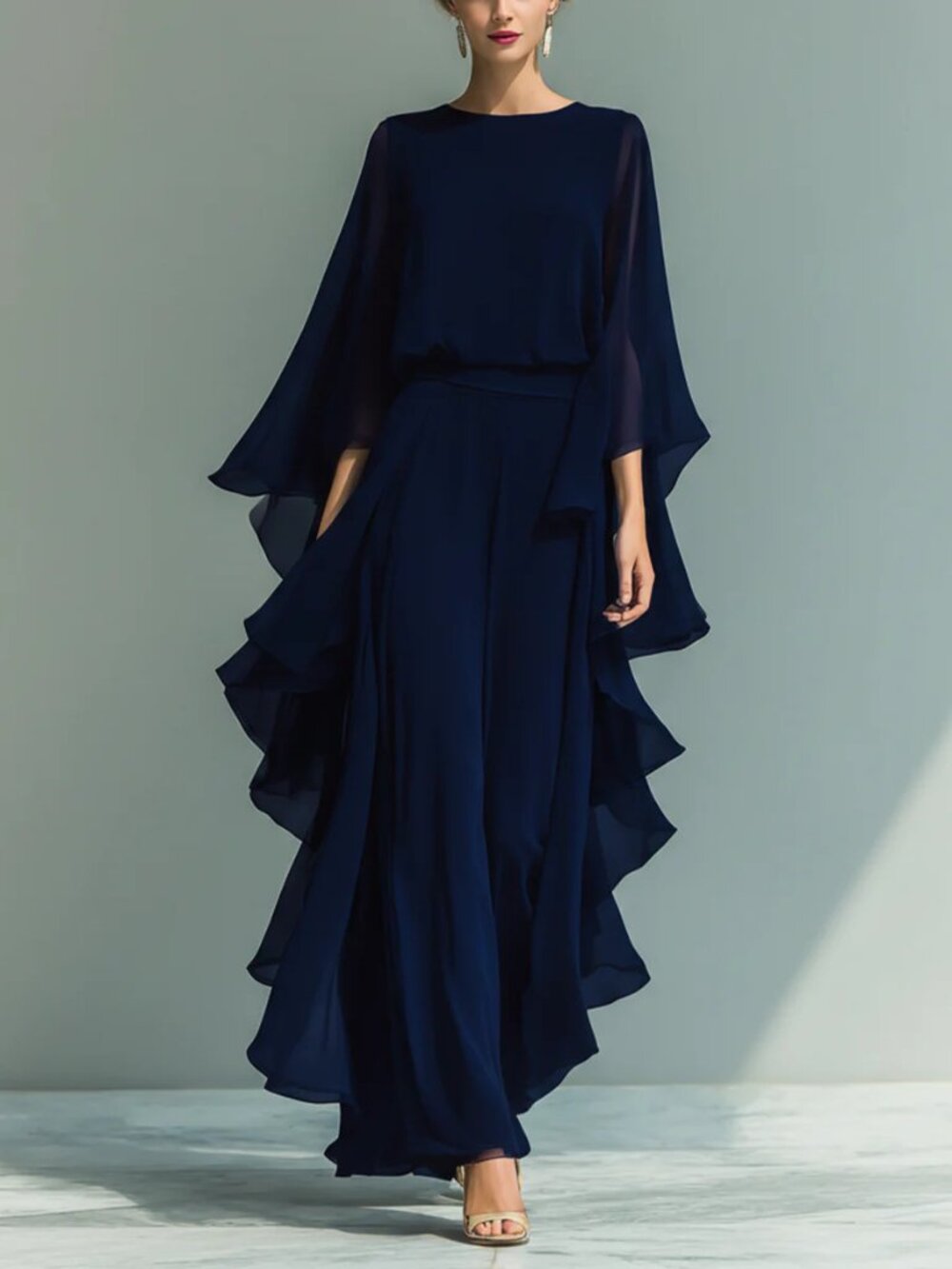 Women's Ruffle Edge Wide-Leg Pants Set Elegant Long Sleeve Two-Piece Casual